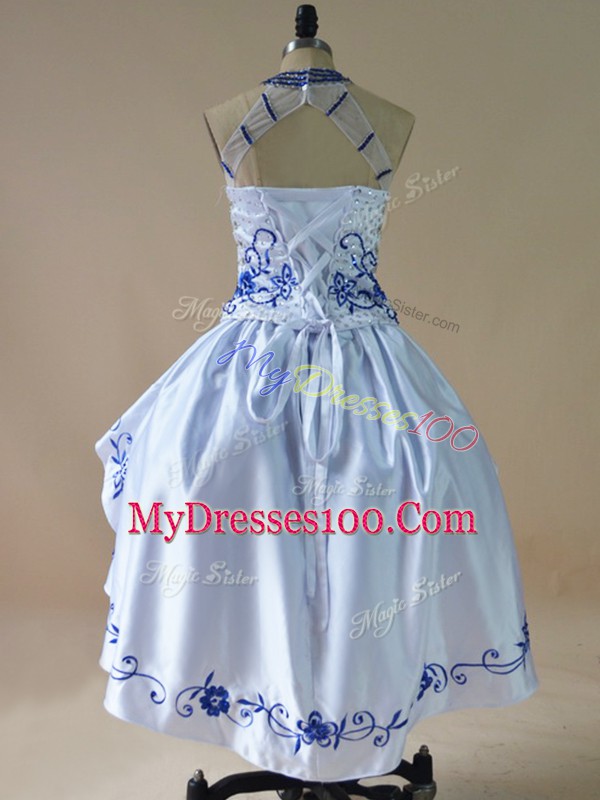 Delicate Royal Blue Sleeveless Satin and Organza Lace Up Prom Dresses for Prom and Party and Military Ball