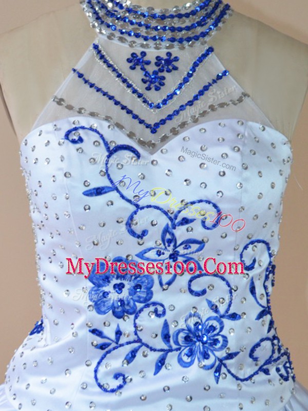 Delicate Royal Blue Sleeveless Satin and Organza Lace Up Prom Dresses for Prom and Party and Military Ball