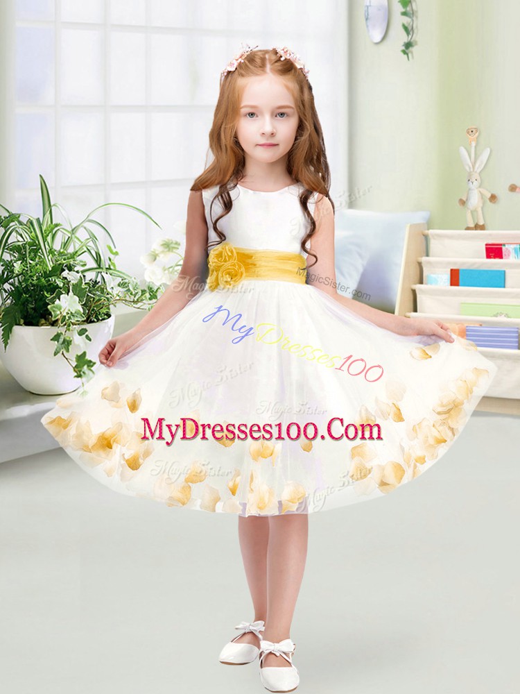 Best White Zipper Scoop Appliques and Belt Flower Girl Dresses Tulle Sleeveless