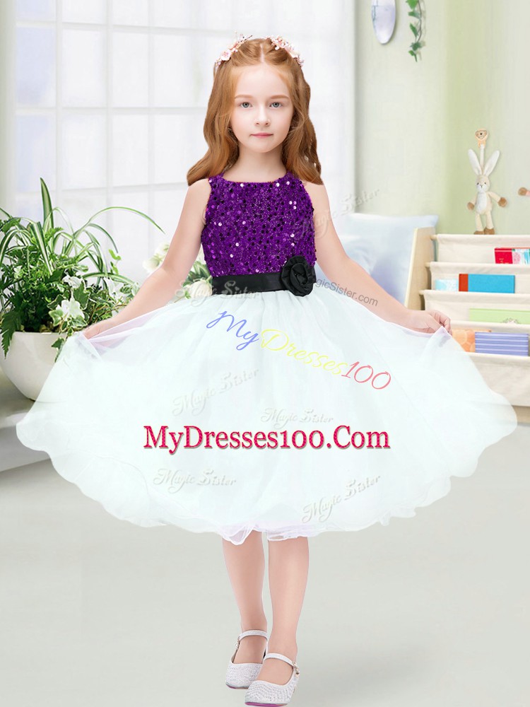Hot Selling Scoop Sleeveless Organza Flower Girl Dresses Sequins and Hand Made Flower Zipper