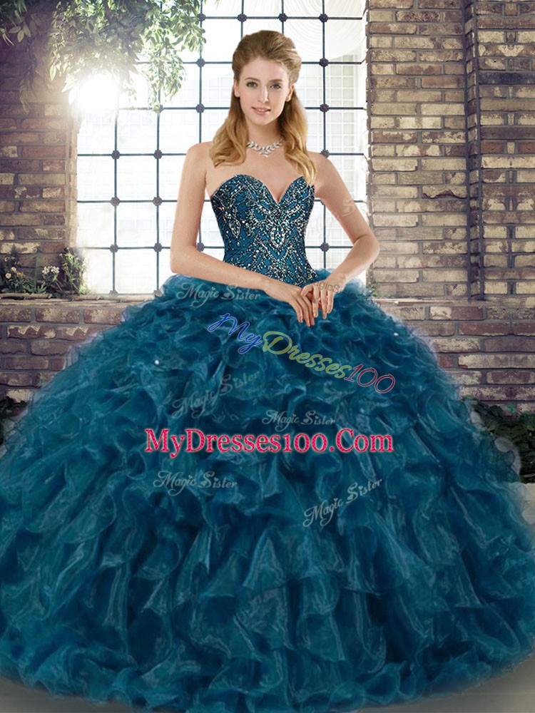 Ball Gowns Ball Gown Prom Dress Teal Sweetheart Organza Sleeveless Floor Length Lace Up