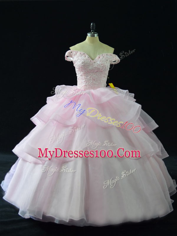 Comfortable Brush Train Ball Gowns Quinceanera Gown Pink Off The Shoulder Organza Sleeveless Lace Up