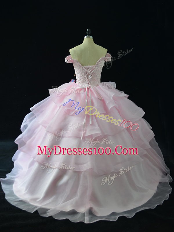 Comfortable Brush Train Ball Gowns Quinceanera Gown Pink Off The Shoulder Organza Sleeveless Lace Up
