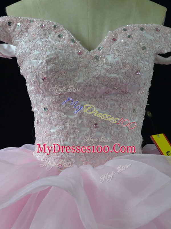 Comfortable Brush Train Ball Gowns Quinceanera Gown Pink Off The Shoulder Organza Sleeveless Lace Up