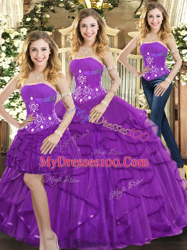 Enchanting Sleeveless Tulle Floor Length Lace Up Sweet 16 Quinceanera Dress in Purple with Beading and Ruffles