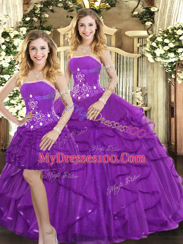 Enchanting Sleeveless Tulle Floor Length Lace Up Sweet 16 Quinceanera Dress in Purple with Beading and Ruffles