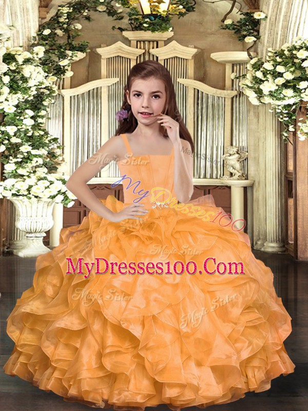Floor Length Orange Little Girls Pageant Dress Wholesale Organza Sleeveless Ruffles