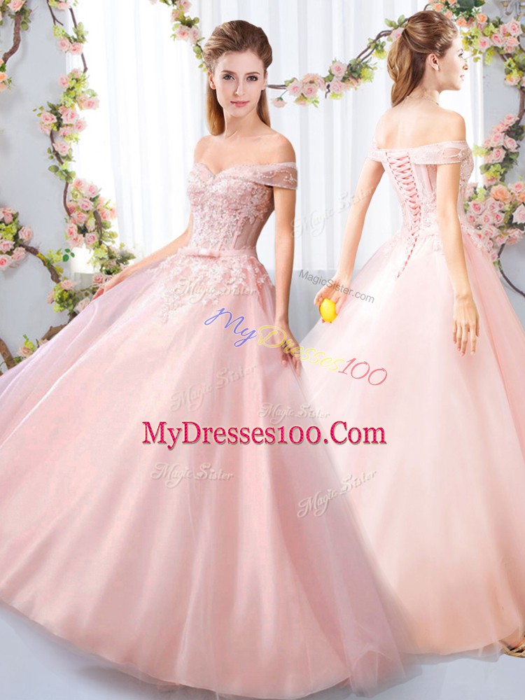Pink Tulle Lace Up Bridesmaid Dress Sleeveless Floor Length Appliques and Belt