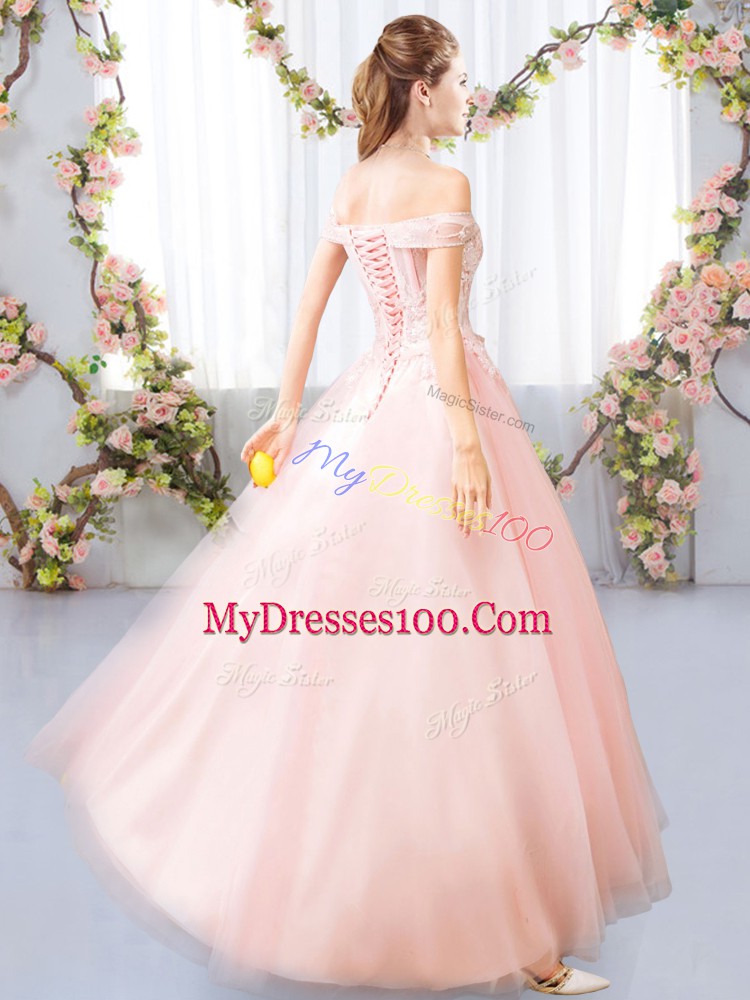 Pink Tulle Lace Up Bridesmaid Dress Sleeveless Floor Length Appliques and Belt