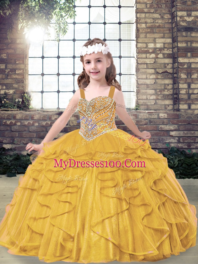 Beading and Ruffles Glitz Pageant Dress Gold Lace Up Sleeveless Floor Length