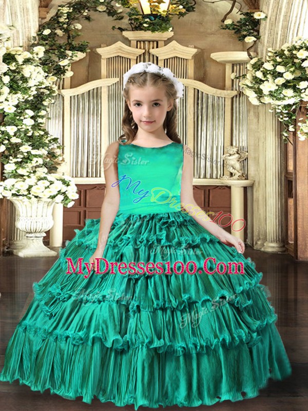 Turquoise Lace Up Child Pageant Dress Sleeveless Floor Length Ruffled Layers
