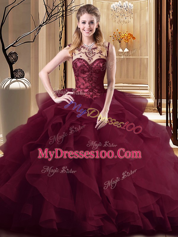 Pretty Burgundy Quinceanera Gown Tulle Brush Train Sleeveless Beading and Ruffles