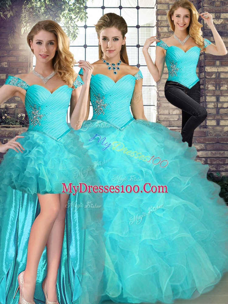 Sleeveless Organza Floor Length Lace Up Sweet 16 Quinceanera Dress in Aqua Blue with Beading and Ruffles