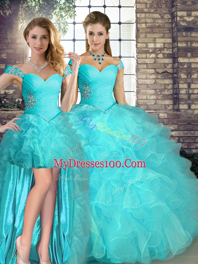 Sleeveless Organza Floor Length Lace Up Sweet 16 Quinceanera Dress in Aqua Blue with Beading and Ruffles