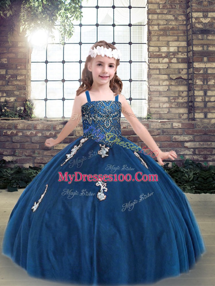 Blue Straps Lace Up Appliques Child Pageant Dress Sleeveless