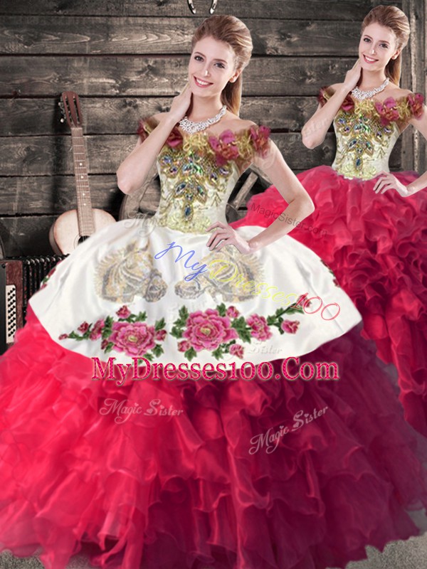 Captivating Pink And White Sleeveless Floor Length Embroidery and Ruffles Lace Up Quinceanera Gown