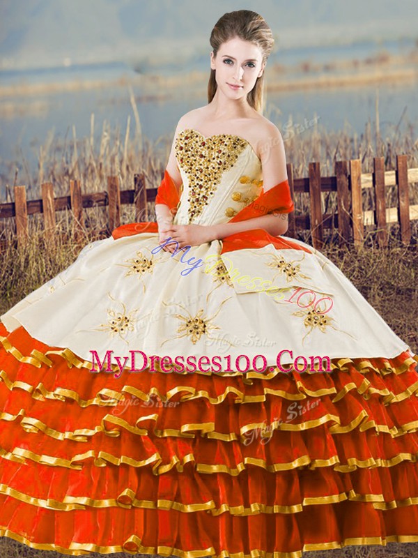 Designer Floor Length Orange Vestidos de Quinceanera Organza Sleeveless Ruffled Layers