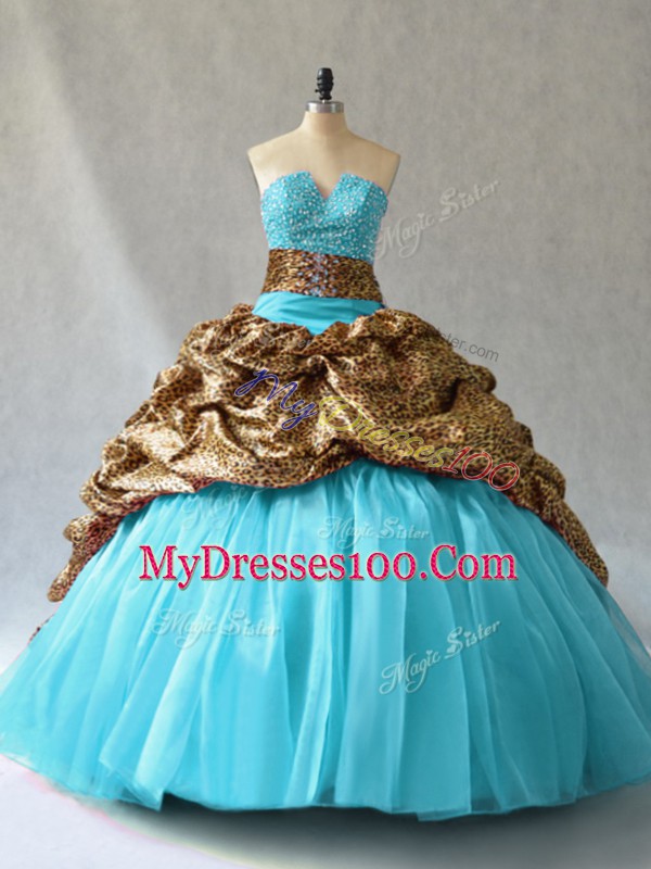 V-neck Sleeveless Lace Up Quinceanera Gowns Aqua Blue Organza and Printed