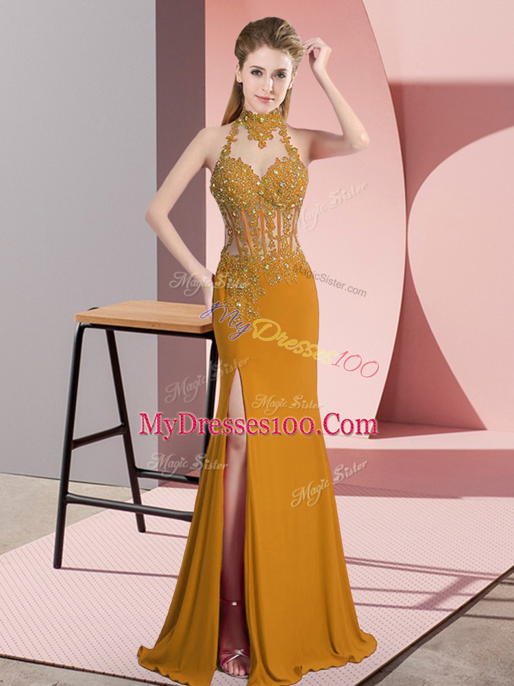 Ideal Gold Prom Dress Prom and Party and Military Ball with Lace and Appliques Halter Top Sleeveless Backless
