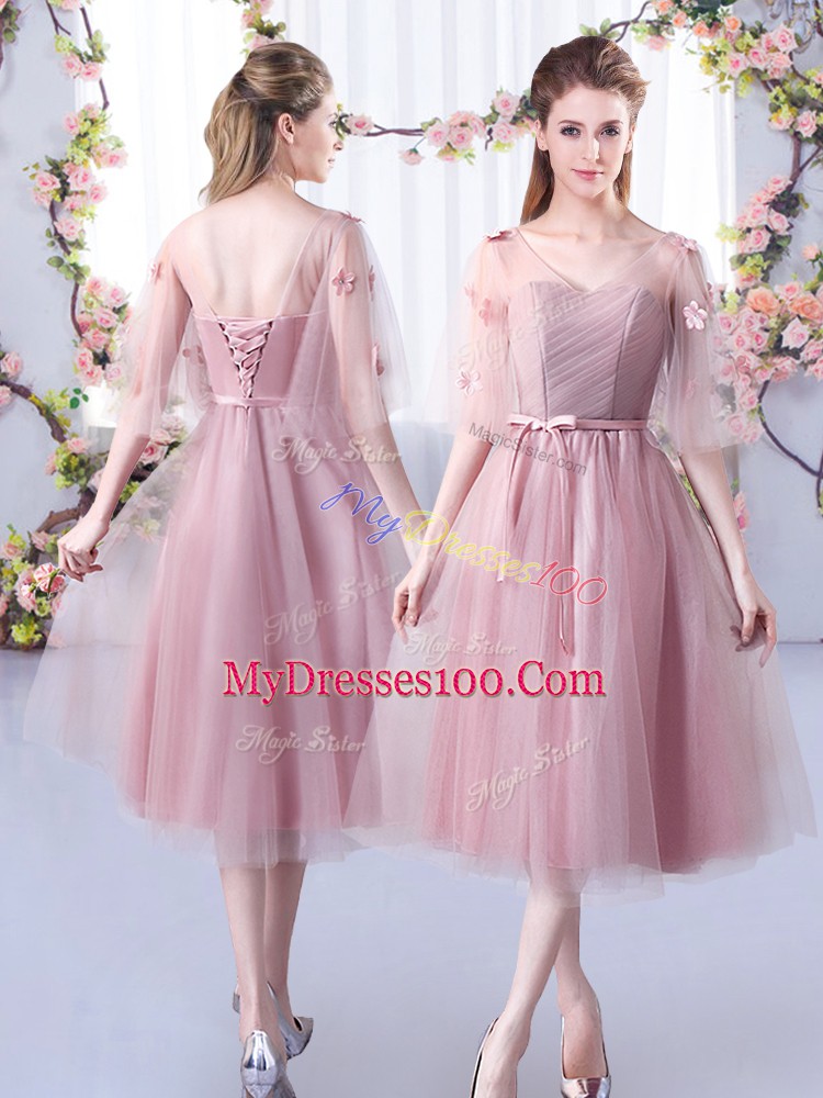 Fantastic Pink Quinceanera Court of Honor Dress Wedding Party with Lace and Belt V-neck Sleeveless Lace Up