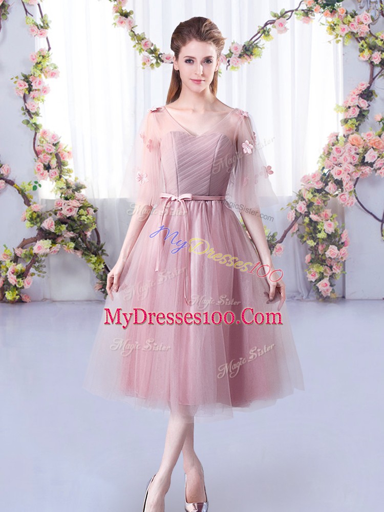 Fantastic Pink Quinceanera Court of Honor Dress Wedding Party with Lace and Belt V-neck Sleeveless Lace Up