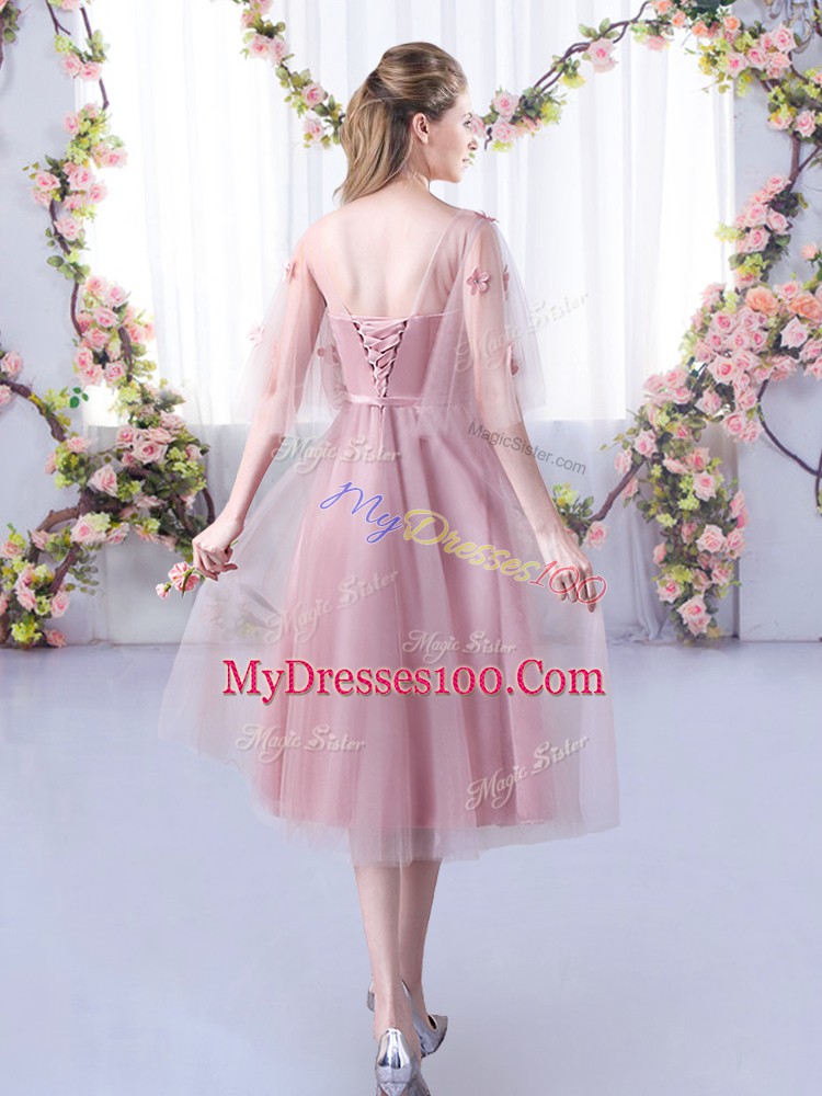 Fantastic Pink Quinceanera Court of Honor Dress Wedding Party with Lace and Belt V-neck Sleeveless Lace Up
