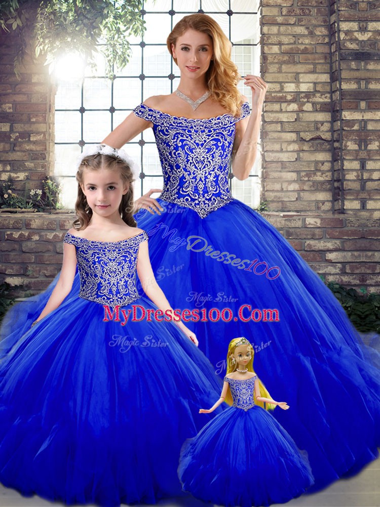 Royal Blue Sleeveless Beading and Ruffles Floor Length Quince Ball Gowns