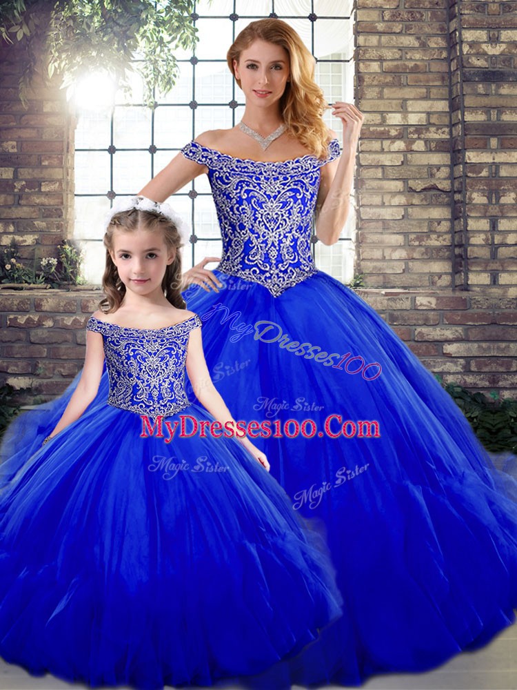 Royal Blue Sleeveless Beading and Ruffles Floor Length Quince Ball Gowns