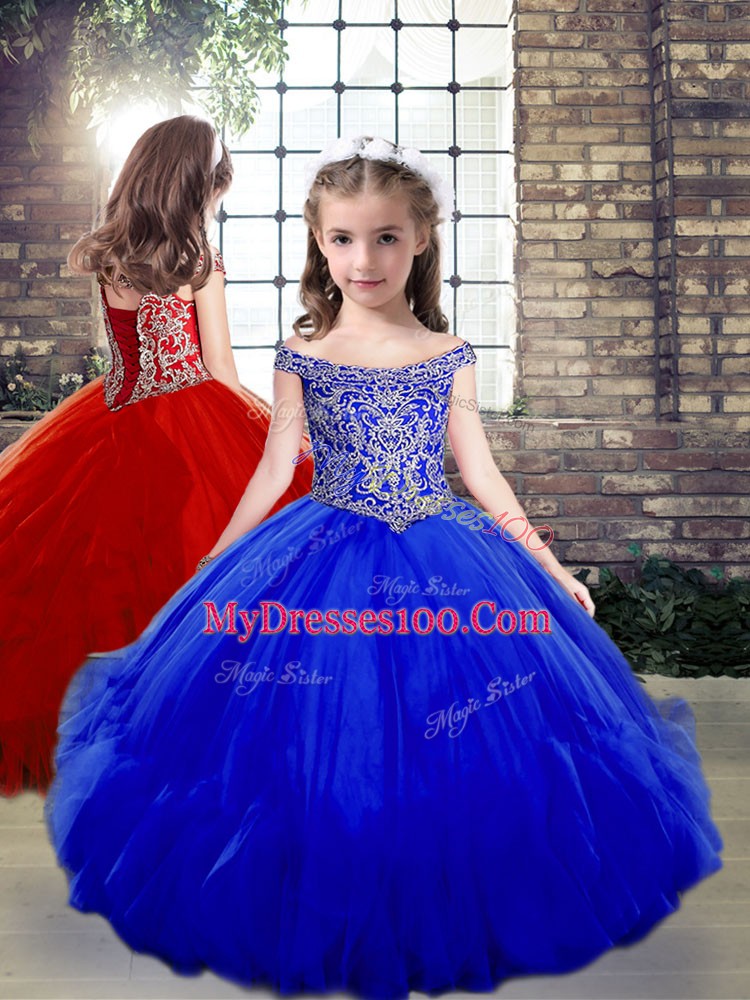 Royal Blue Sleeveless Beading and Ruffles Floor Length Quince Ball Gowns