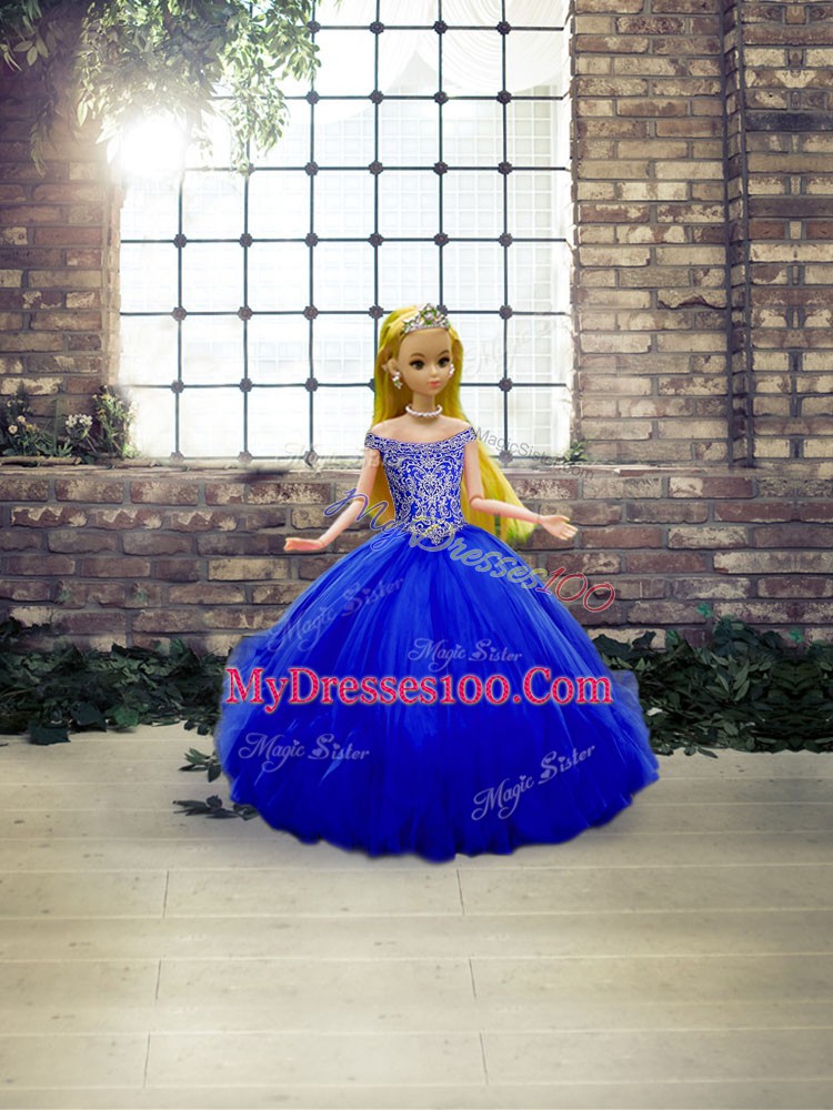 Royal Blue Sleeveless Beading and Ruffles Floor Length Quince Ball Gowns