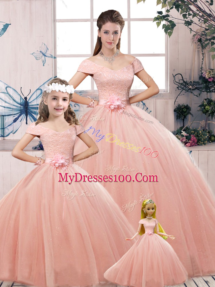 Off The Shoulder Short Sleeves Lace Up Quinceanera Dress Pink Tulle
