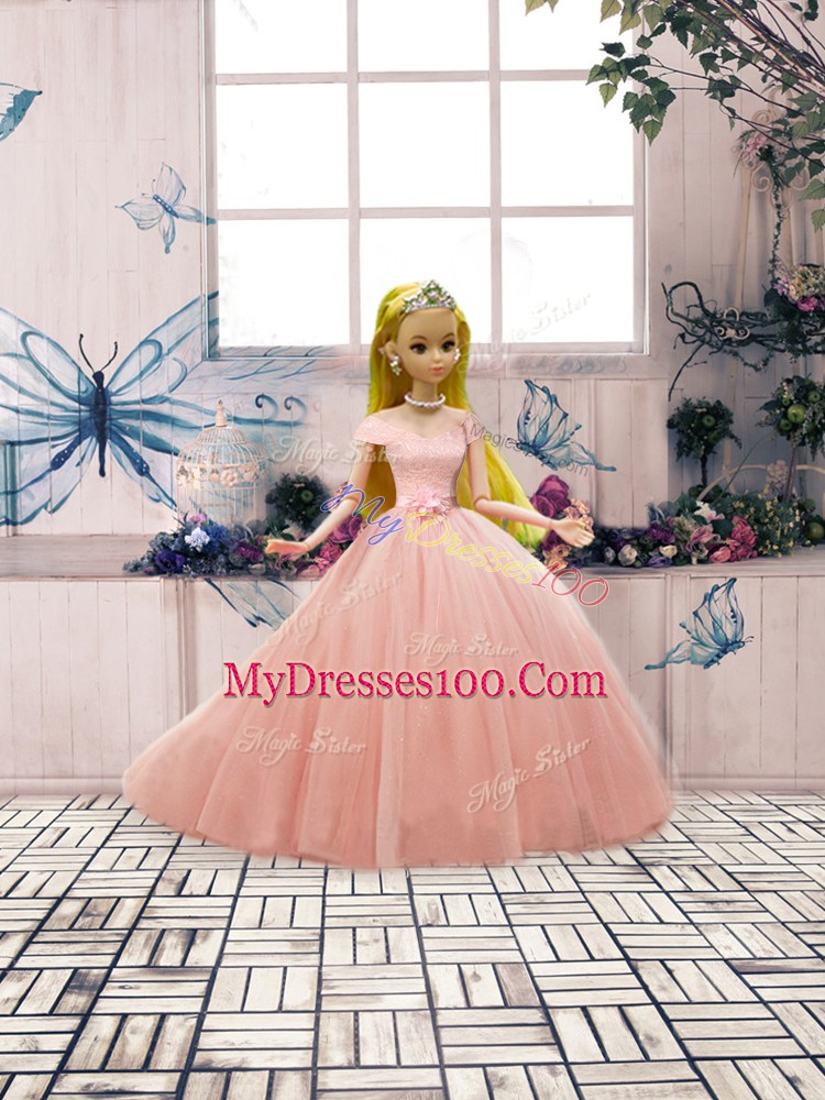 Off The Shoulder Short Sleeves Lace Up Quinceanera Dress Pink Tulle