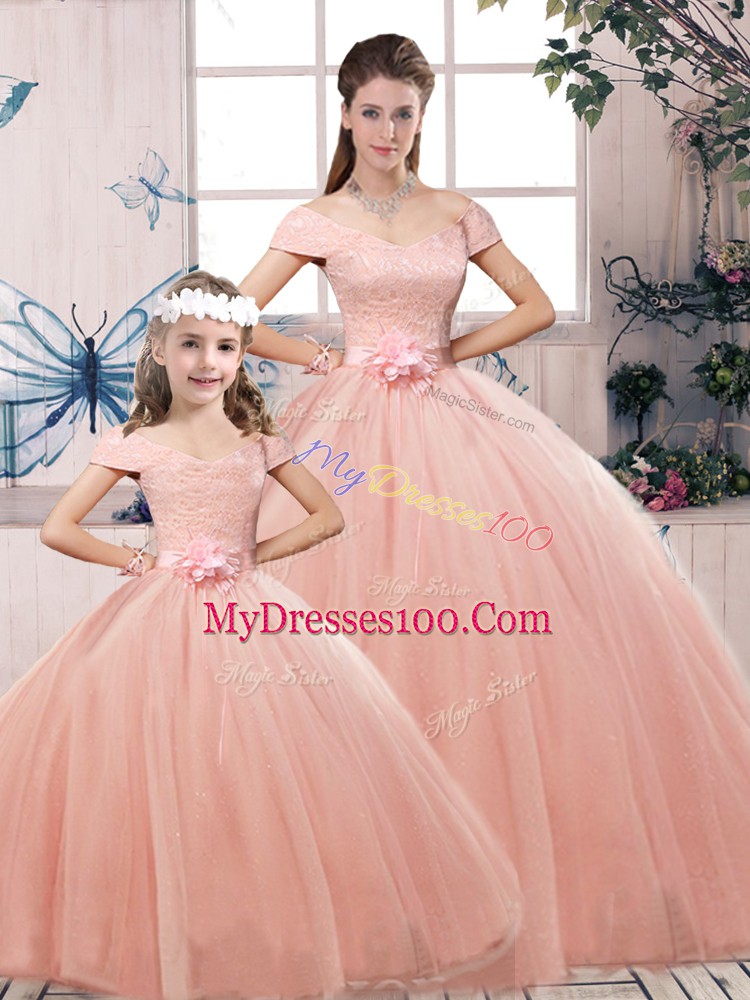 Off The Shoulder Short Sleeves Lace Up Quinceanera Dress Pink Tulle