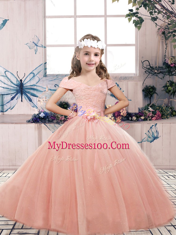 Off The Shoulder Short Sleeves Lace Up Quinceanera Dress Pink Tulle