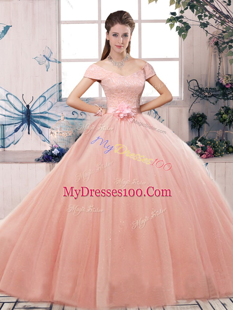 Off The Shoulder Short Sleeves Lace Up Quinceanera Dress Pink Tulle