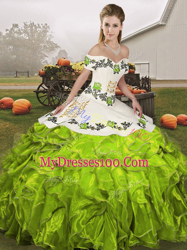Eye-catching Ball Gowns Ball Gown Prom Dress Olive Green Off The Shoulder Organza Sleeveless Floor Length Lace Up