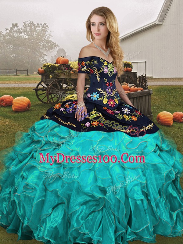 Eye-catching Blue And Black Ball Gowns Organza Off The Shoulder Sleeveless Embroidery and Ruffles Floor Length Lace Up Quinceanera Dress