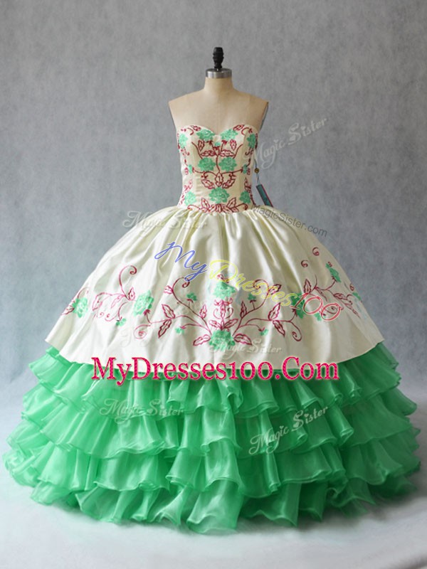 Noble Apple Green Ball Gowns Sweetheart Sleeveless Organza Floor Length Lace Up Embroidery and Ruffled Layers Vestidos de Quinceanera