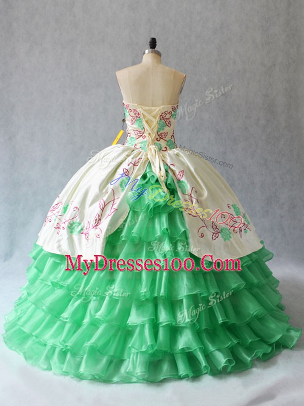 Noble Apple Green Ball Gowns Sweetheart Sleeveless Organza Floor Length Lace Up Embroidery and Ruffled Layers Vestidos de Quinceanera