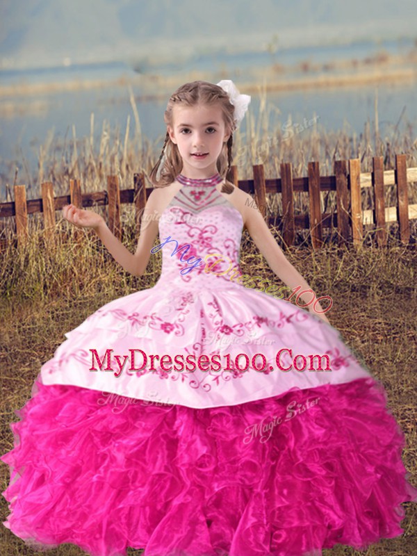 Trendy Floor Length Lace Up Little Girl Pageant Gowns Hot Pink for Wedding Party with Beading and Embroidery and Ruffles