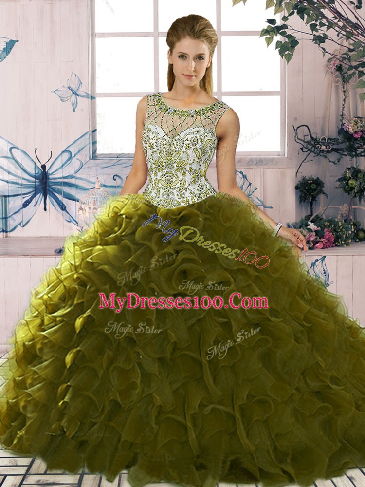 Ideal Olive Green Scoop Lace Up Beading and Ruffles Sweet 16 Quinceanera Dress Sleeveless