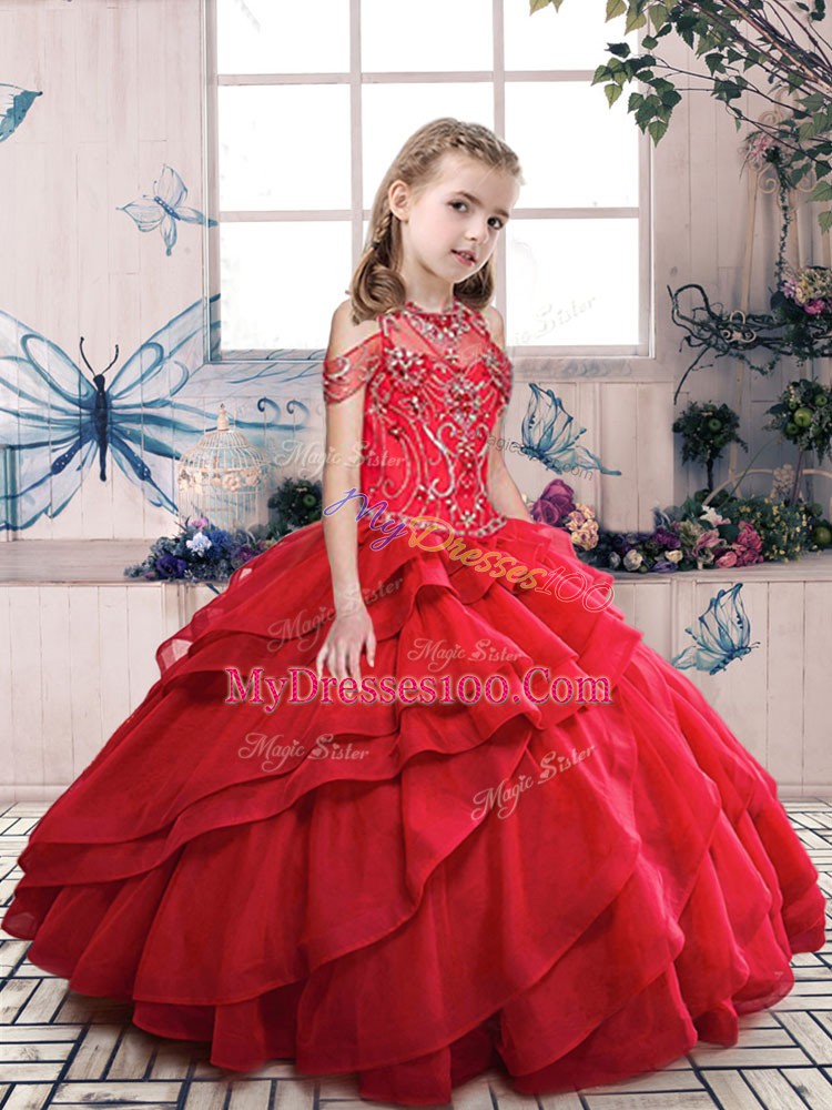 Latest Halter Top Sleeveless Little Girls Pageant Gowns Floor Length Beading and Ruffled Layers Red Organza