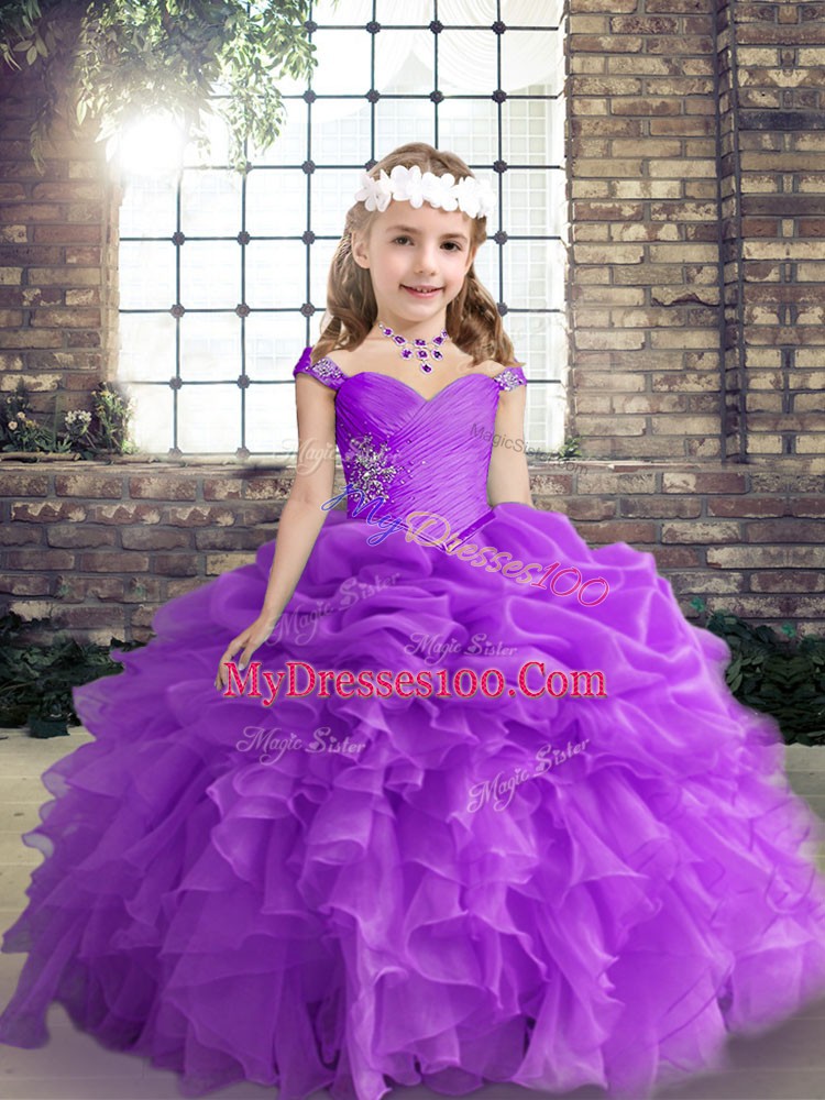 Elegant Purple Sleeveless Organza Lace Up Girls Pageant Dresses for Party and Wedding Party