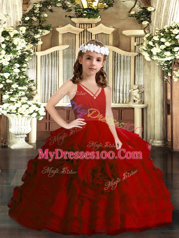 Sleeveless Organza Floor Length Zipper Kids Formal Wear in Red with Ruffled Layers