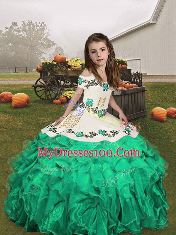 Turquoise Ball Gowns Embroidery and Ruffles Pageant Gowns For Girls Lace Up Organza Sleeveless Floor Length