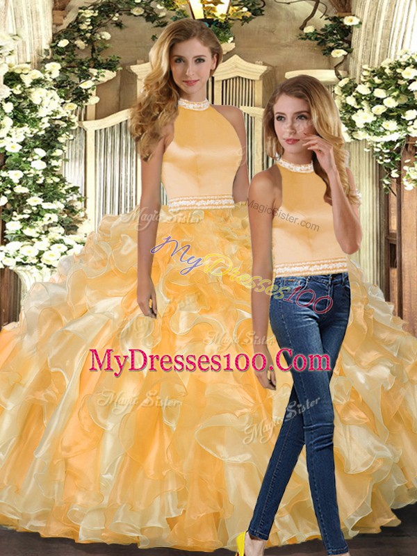 Beauteous Gold Two Pieces Organza Halter Top Sleeveless Beading and Ruffles Floor Length Backless Quinceanera Dresses