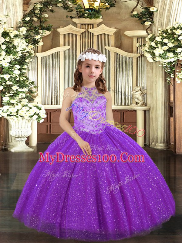 Exquisite Purple Ball Gowns Halter Top Sleeveless Tulle Floor Length Lace Up Beading Pageant Gowns For Girls