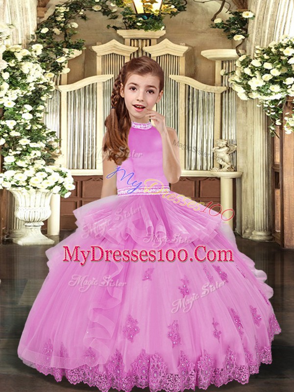 Lilac Tulle Backless High-neck Sleeveless Floor Length Little Girls Pageant Dress Beading and Appliques