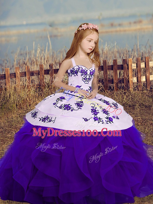 Fancy Purple Little Girls Pageant Gowns Party and Sweet 16 and Wedding Party with Embroidery and Ruffles Straps Sleeveless Lace Up