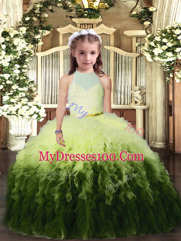 Multi-color Tulle Backless High-neck Sleeveless Floor Length Pageant Gowns Ruffles